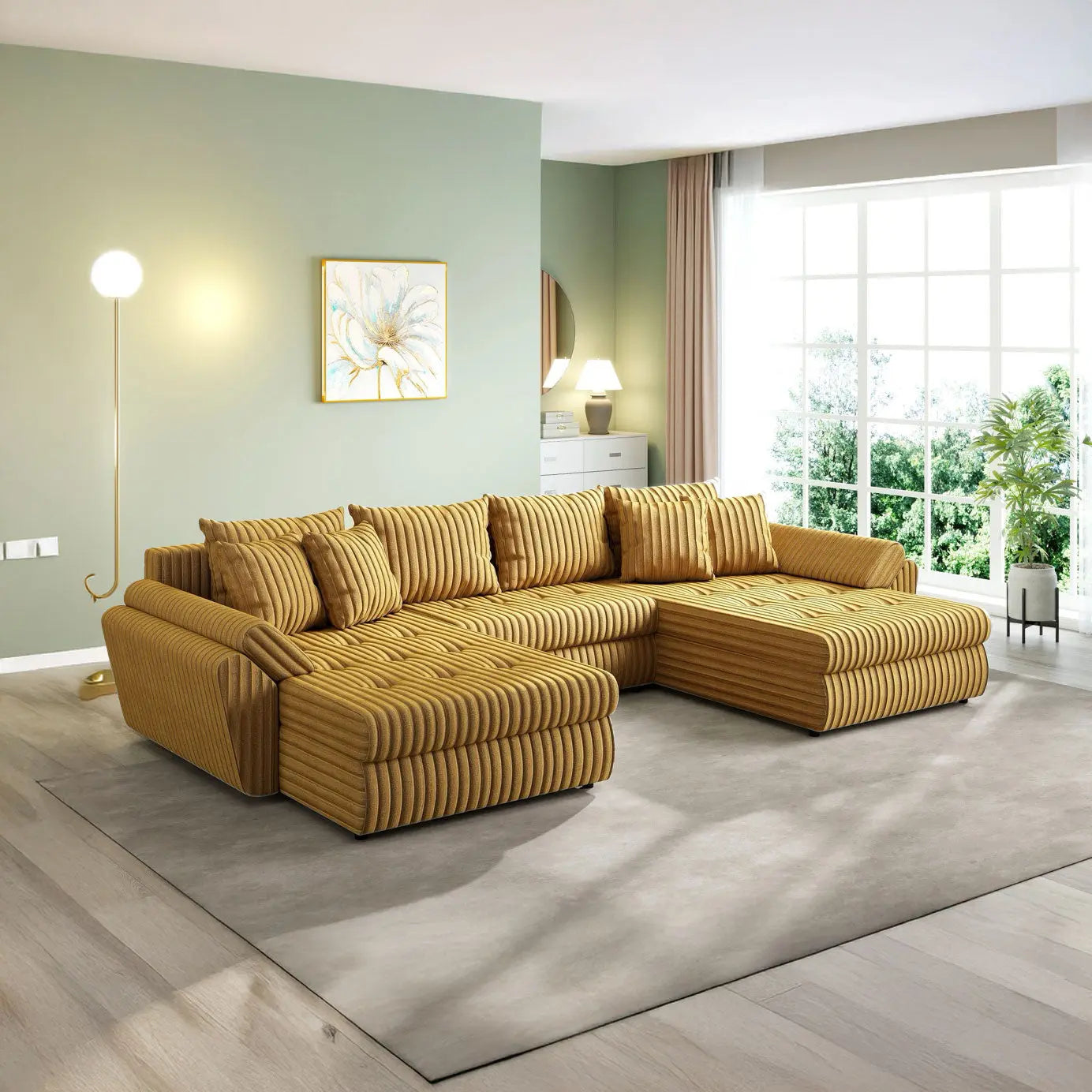 Colțar extensibil dumonde cu ladă de depozitare si sezut confortabil din spuma HR, Loana U Ambience Mustar 355x185 cm Fabrica
