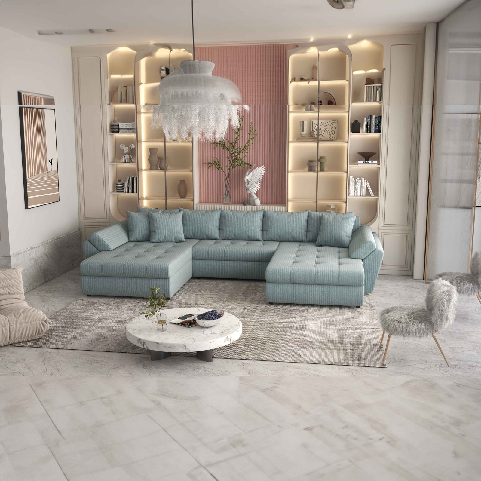 Colțar extensibil dumonde cu ladă de depozitare si sezut confortabil din spuma HR, Loana U Mint Ambience 355x185 cm Fabrica