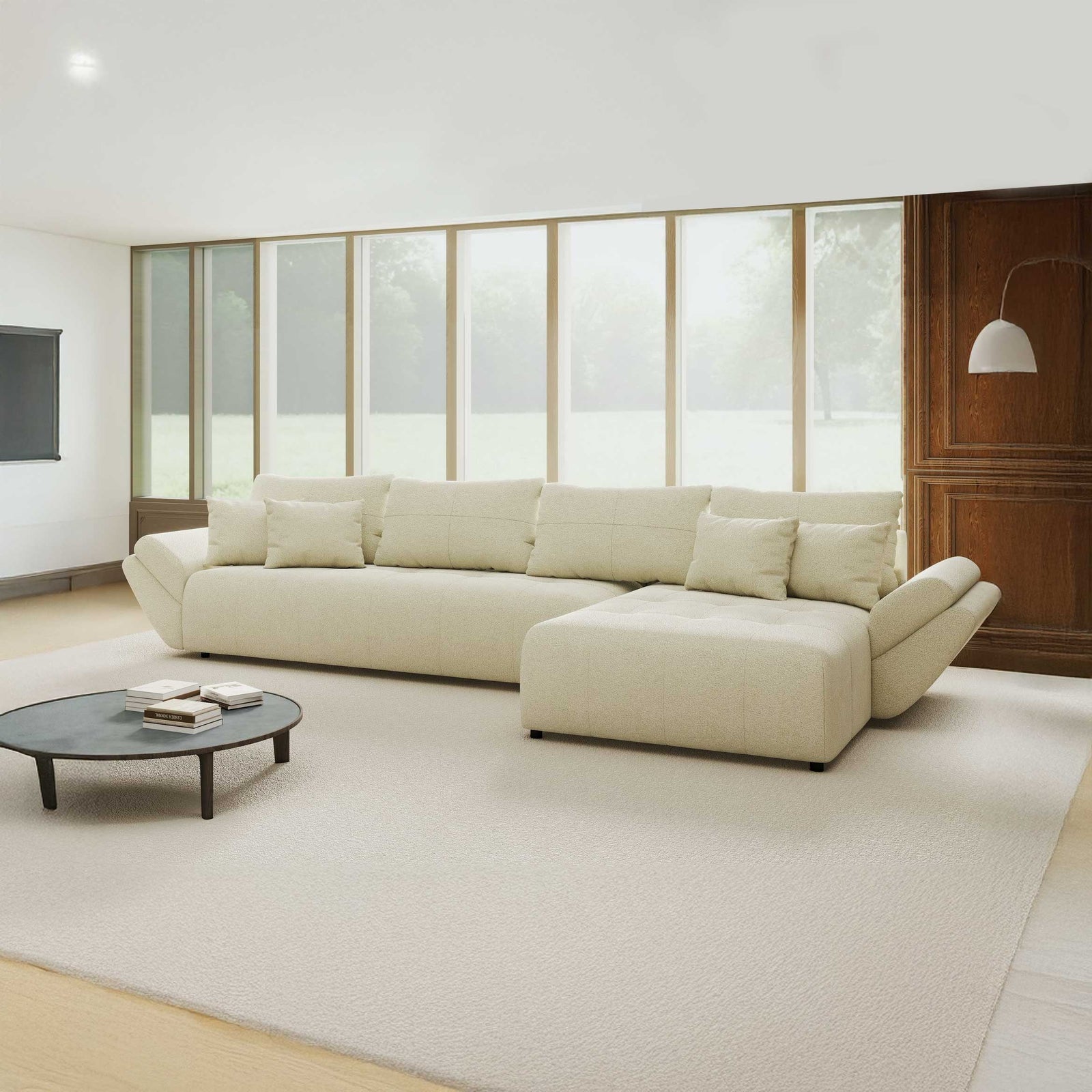 Colțar extensibil dumonde cu ladă de depozitare si sezut confortabil din spuma high-density, Berlin XL Quelle Bej 02 II 350x185 cm