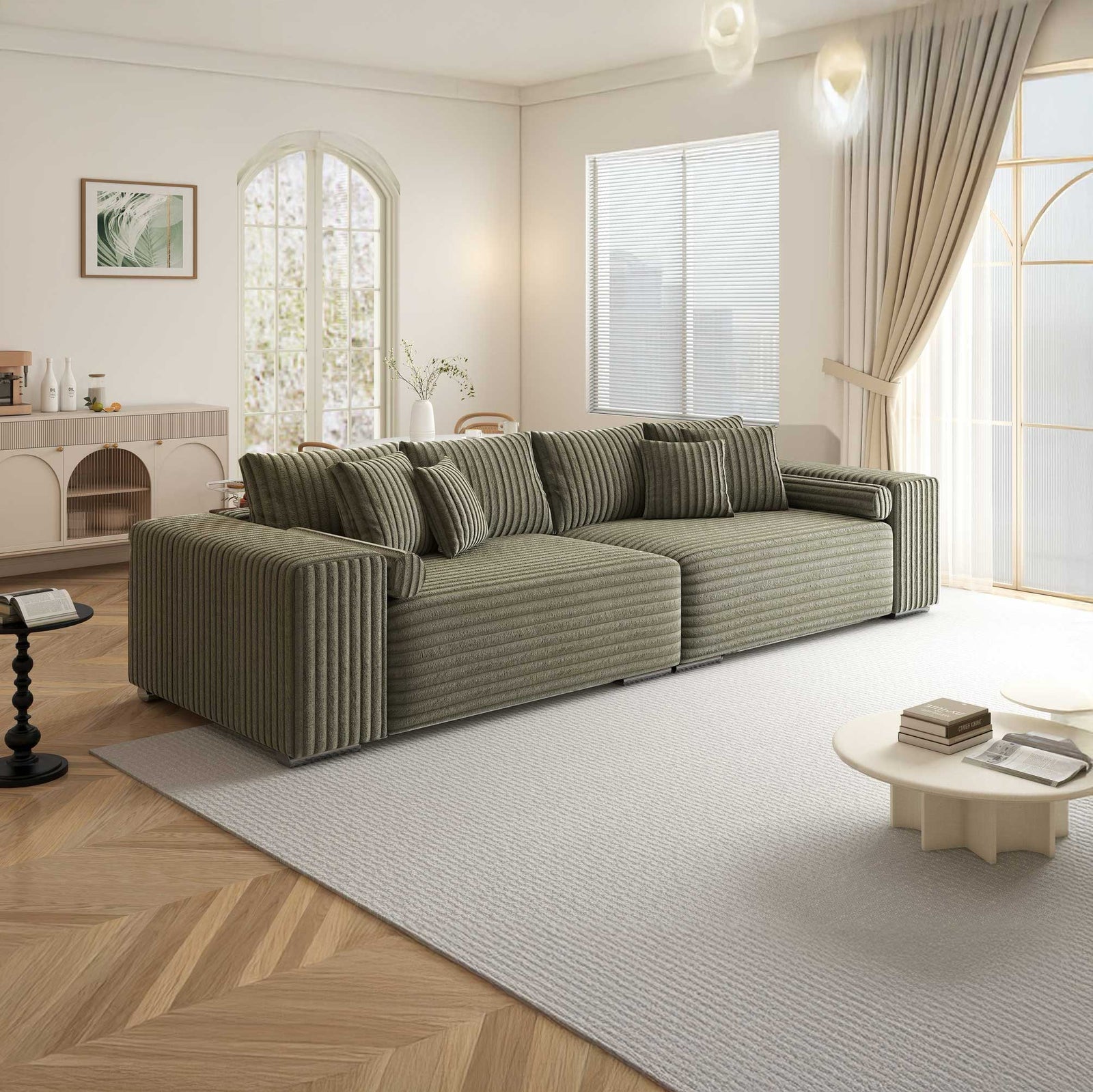 Canapea extensibilă dumonde cu ladă de depozitare si sezut confortabil din spuma high-density, Marbela XXL Tilia Verde Olive 37 290x100 cm
