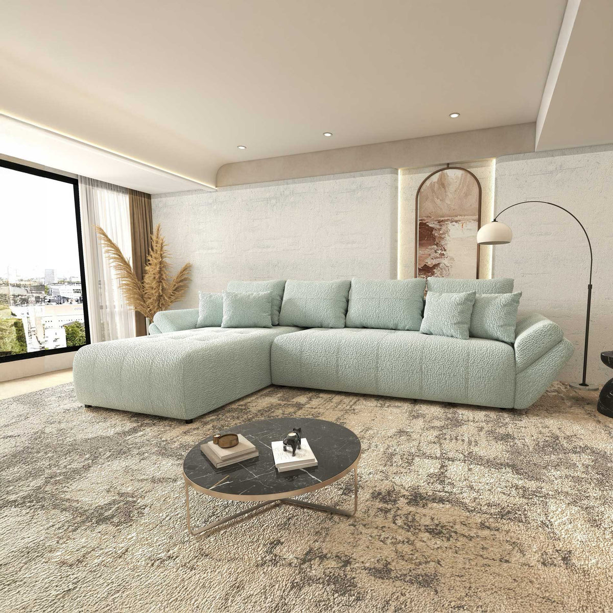 Colțar extensibil dumonde cu ladă de depozitare si sezut confortabil din spuma high-density, Berlin XL Jaguar Verde Mint 16 350x185 cm