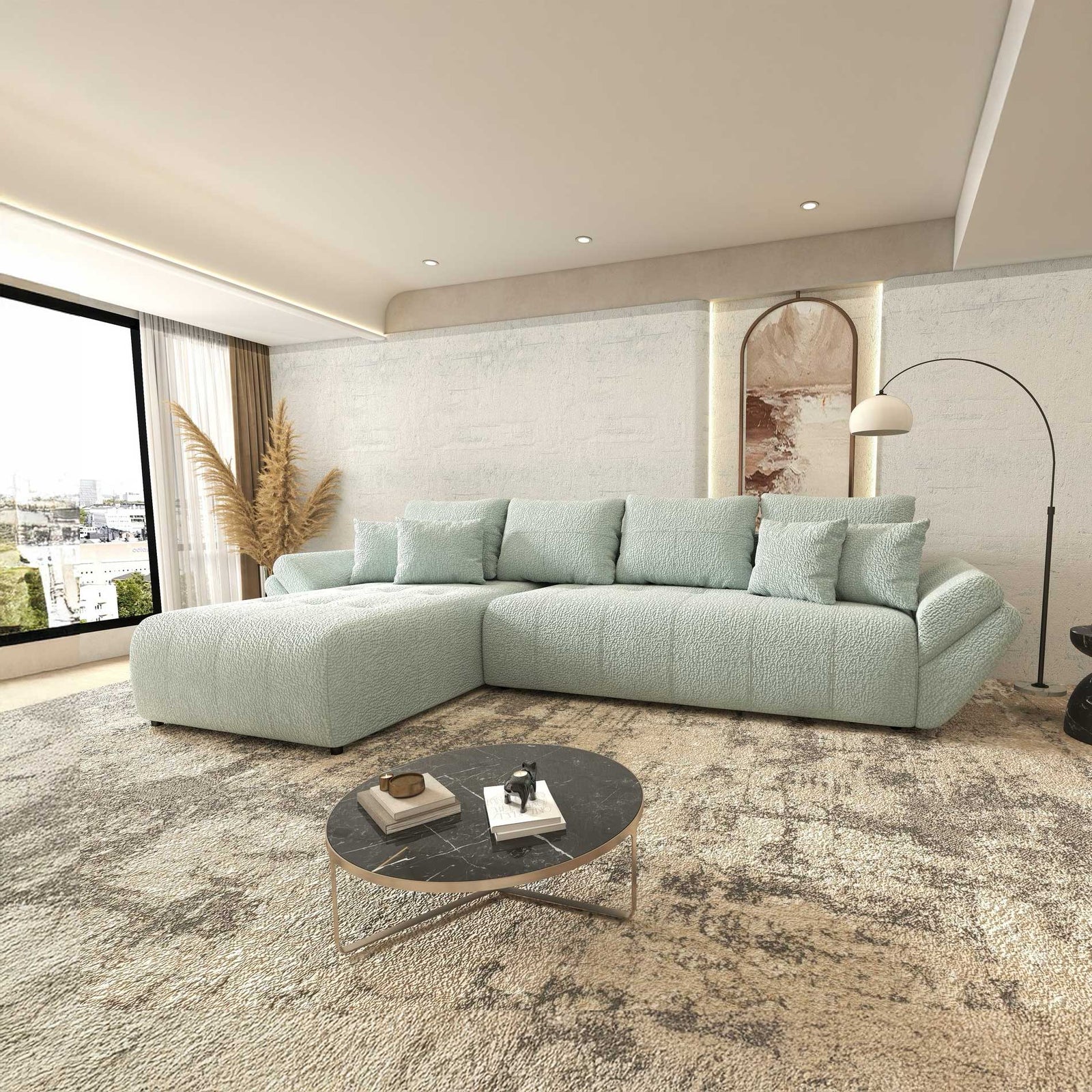 Colțar extensibil dumonde cu ladă de depozitare si sezut confortabil din spuma high-density, Berlin XL Jaguar Verde Mint 16 350x185 cm