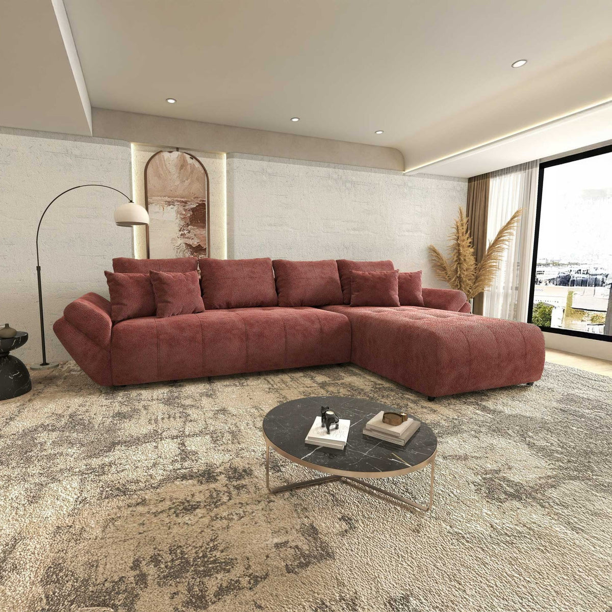 Colțar extensibil dumonde cu ladă de depozitare si sezut confortabil din spuma high-density, Berlin XL Vibe Rosu 58 II 350x185 cm