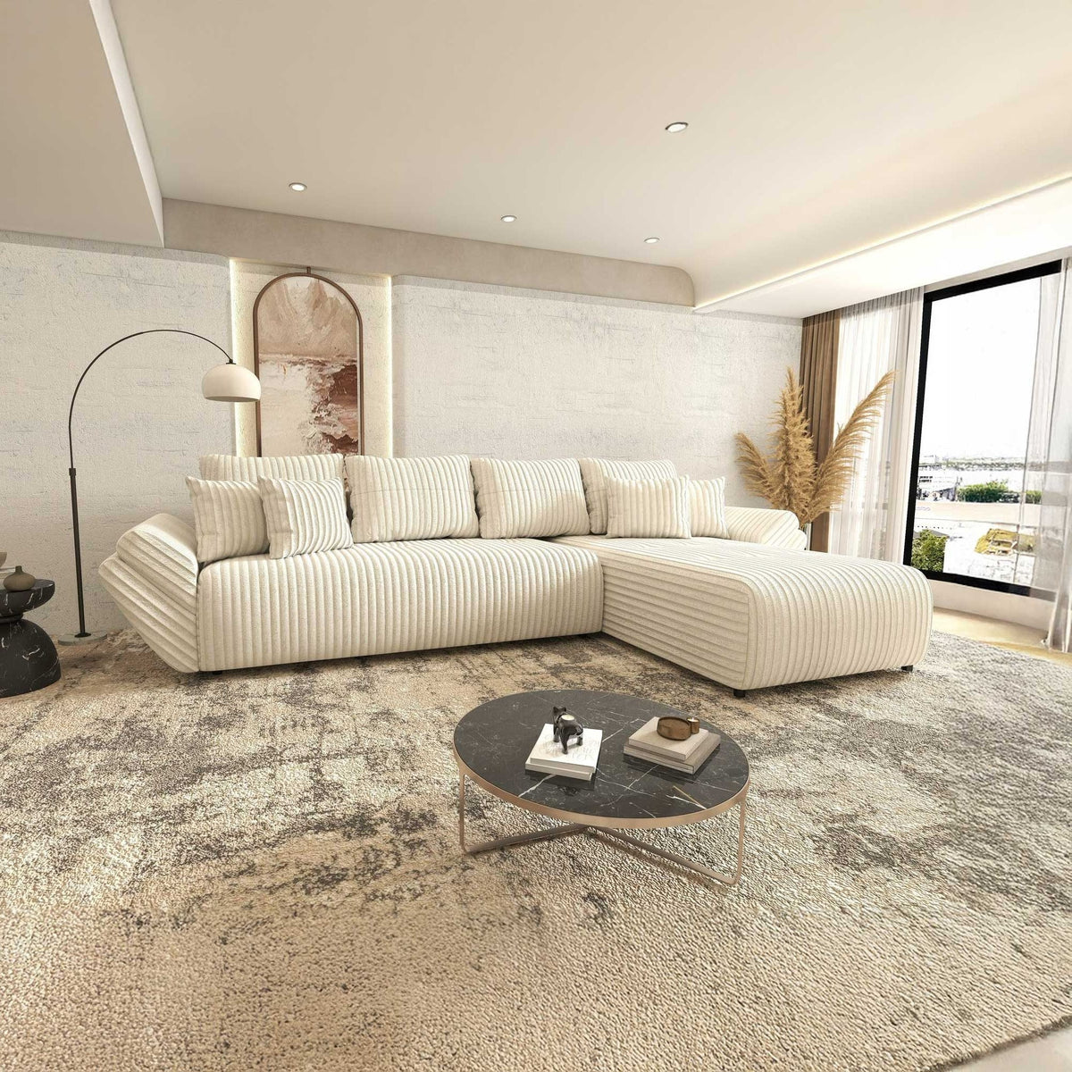 Colțar extensibil dumonde cu ladă de depozitare si sezut confortabil din spuma high-density, Berlin XL Tilia Bej 01 II 350x185 cm