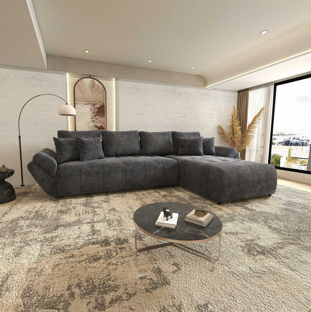 Colțar extensibil dumonde cu ladă de depozitare si sezut confortabil din spuma high-density, Berlin XL Vibe Gri Antracit 97 II 350x185 cm