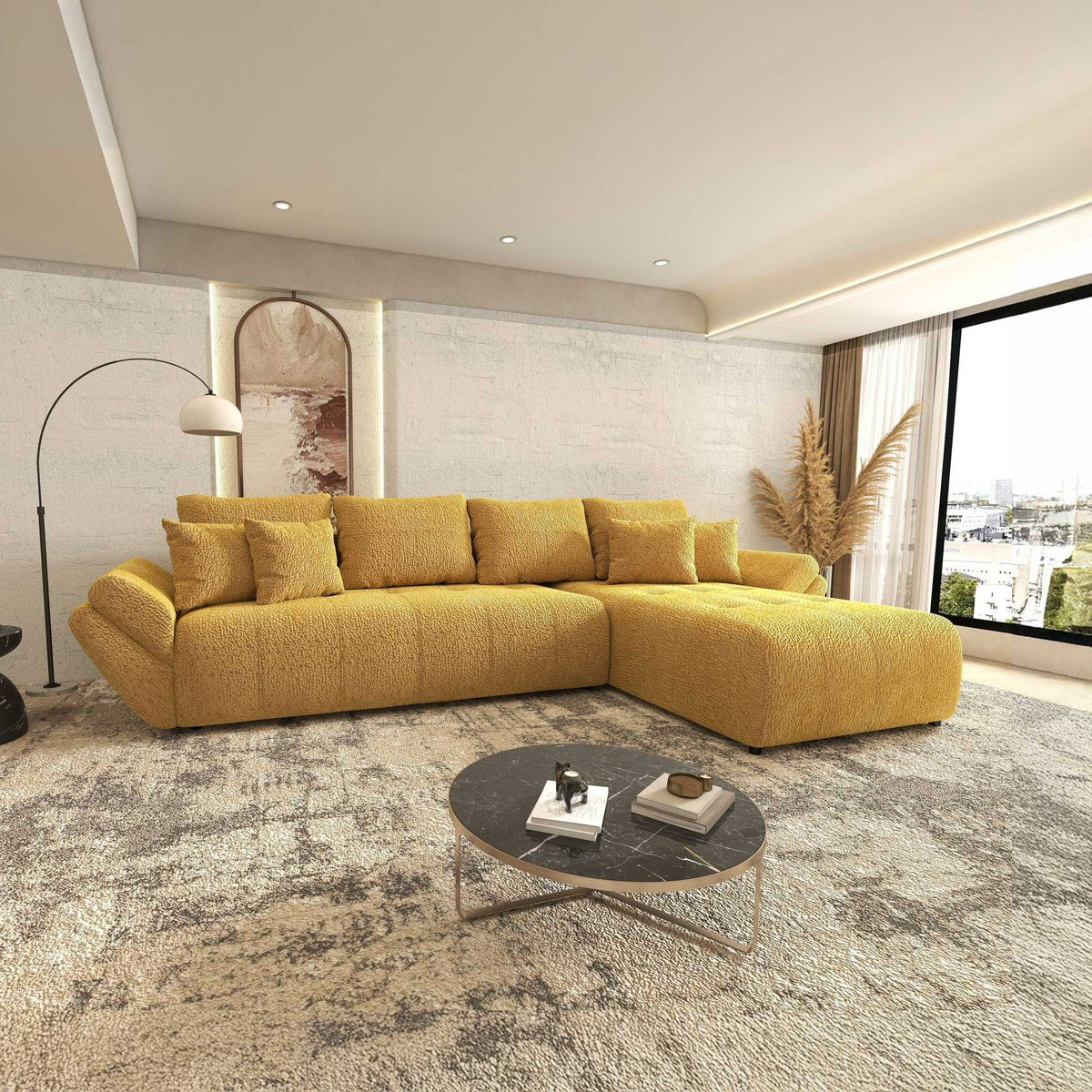 Colțar extensibil dumonde cu ladă de depozitare si sezut confortabil din spuma high-density, Berlin XL Jaguar Galben Mustar 11 II 350x185 cm