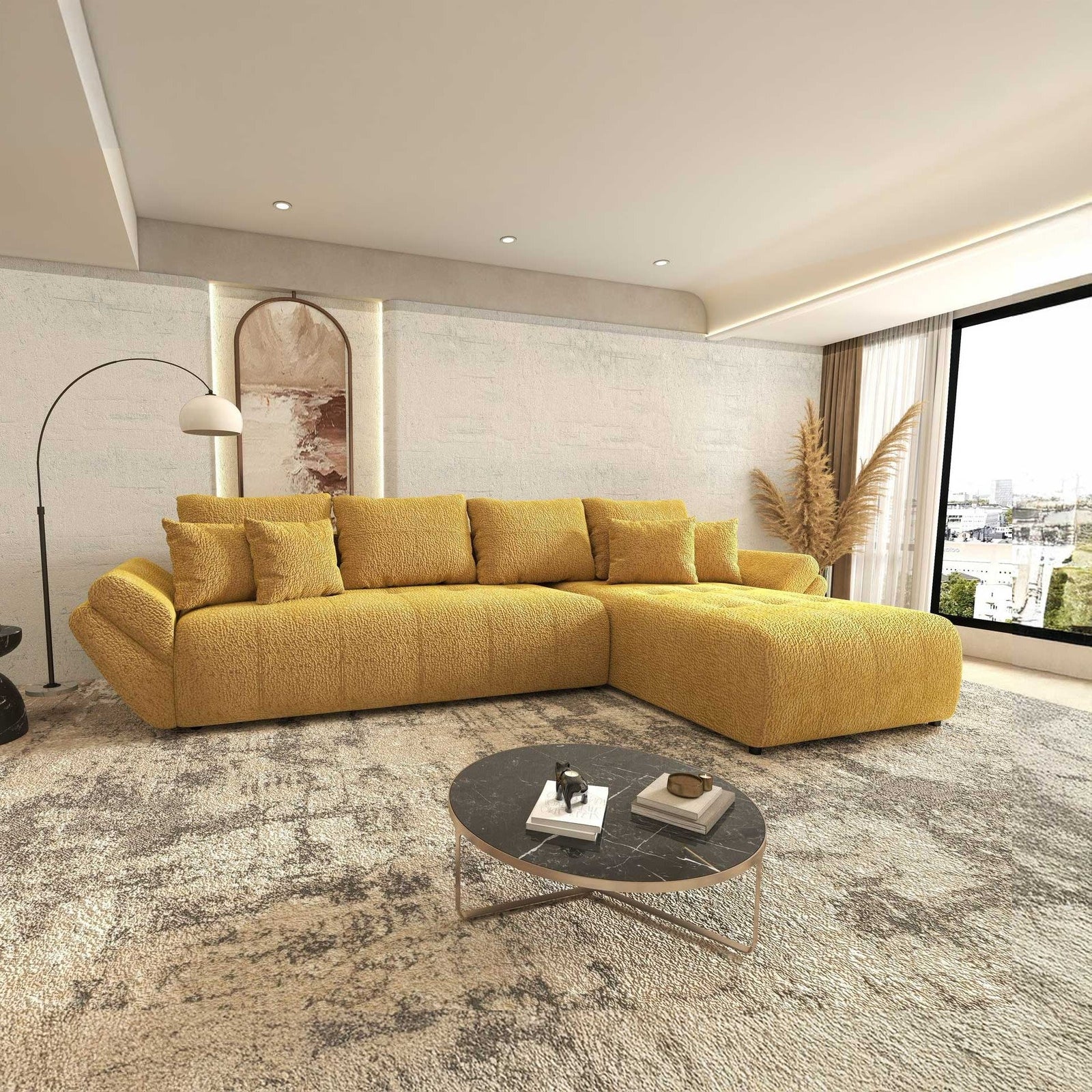 Colțar extensibil dumonde cu ladă de depozitare si sezut confortabil din spuma high-density, Berlin XL Jaguar Galben Mustar 11 II 350x185 cm
