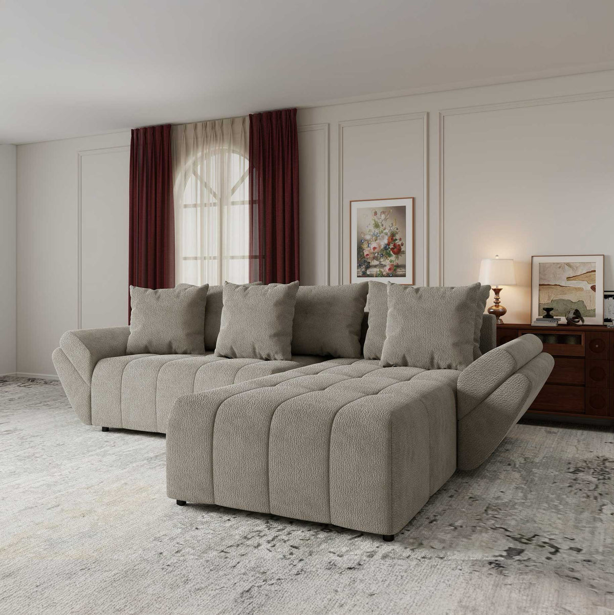 Colțar extensibil dumonde cu ladă de depozitare si sezut confortabil din spuma high-density, Berlin Vibe Bej 06 II 280x185 cm