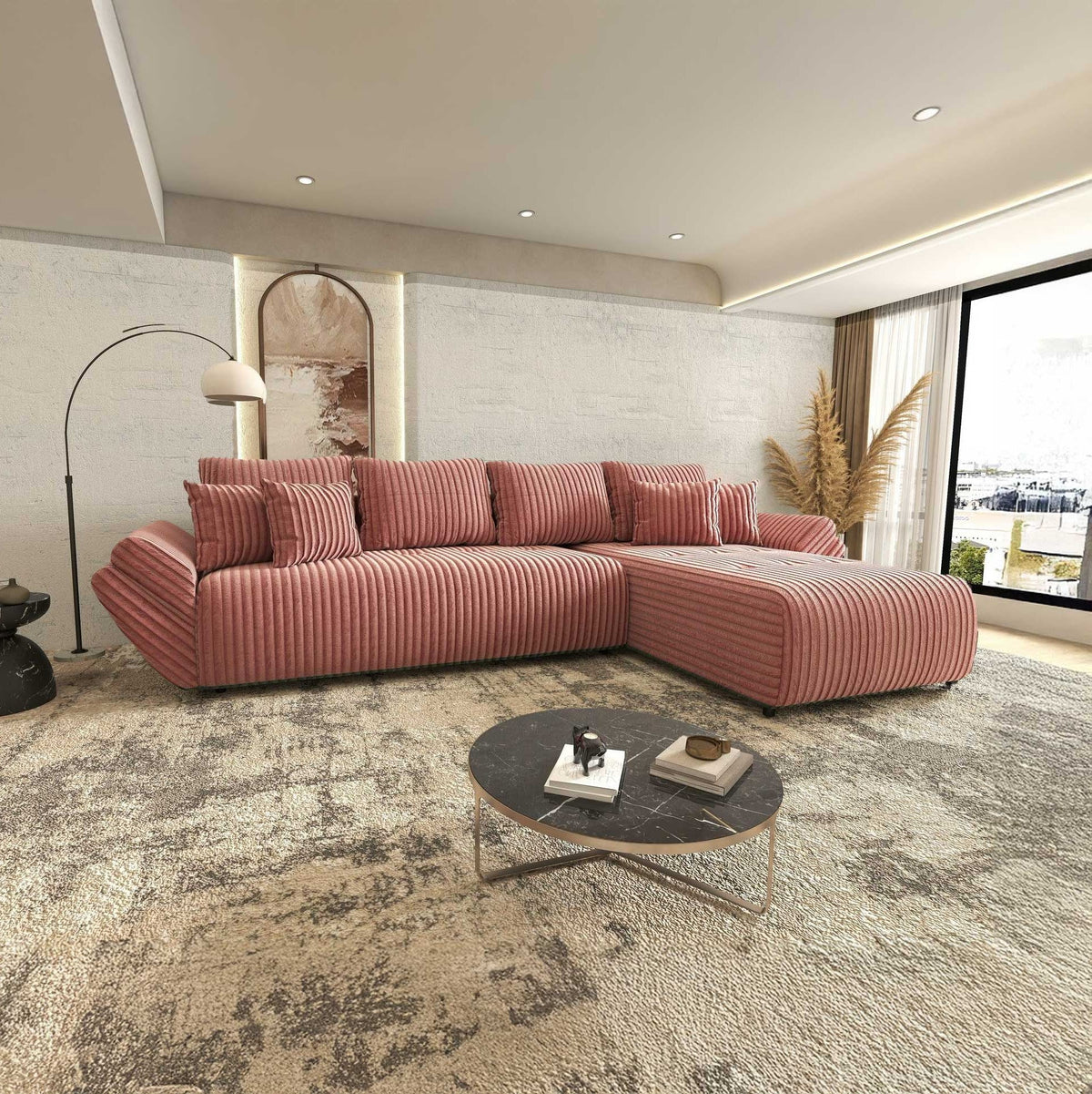 Colțar extensibil dumonde cu ladă de depozitare si sezut confortabil din spuma high-density, Berlin XL Tilia Roz Pudrat 62 II 350x185 cm