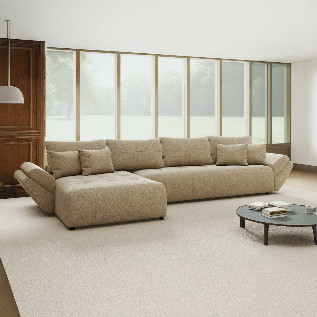 Colțar extensibil dumonde cu ladă de depozitare si sezut confortabil din spuma high-density, Berlin XL Quelle Bej 05 350x185 cm