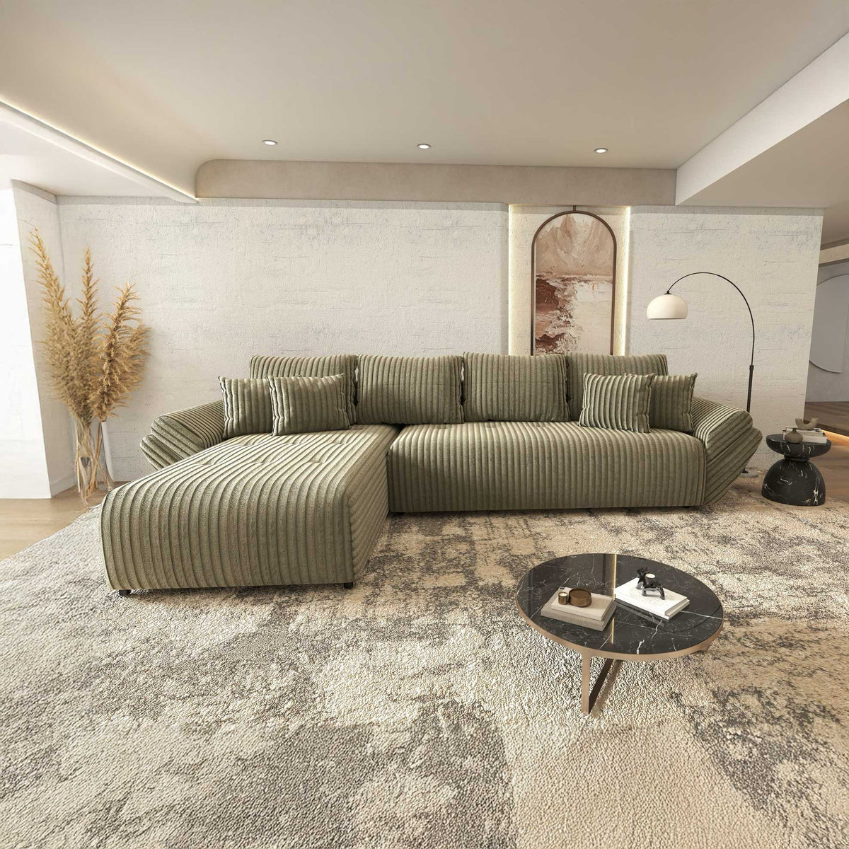 Colțar extensibil dumonde cu ladă de depozitare si sezut confortabil din spuma high-density, Berlin XL Tilia Verde Olive 37 350x185 cm