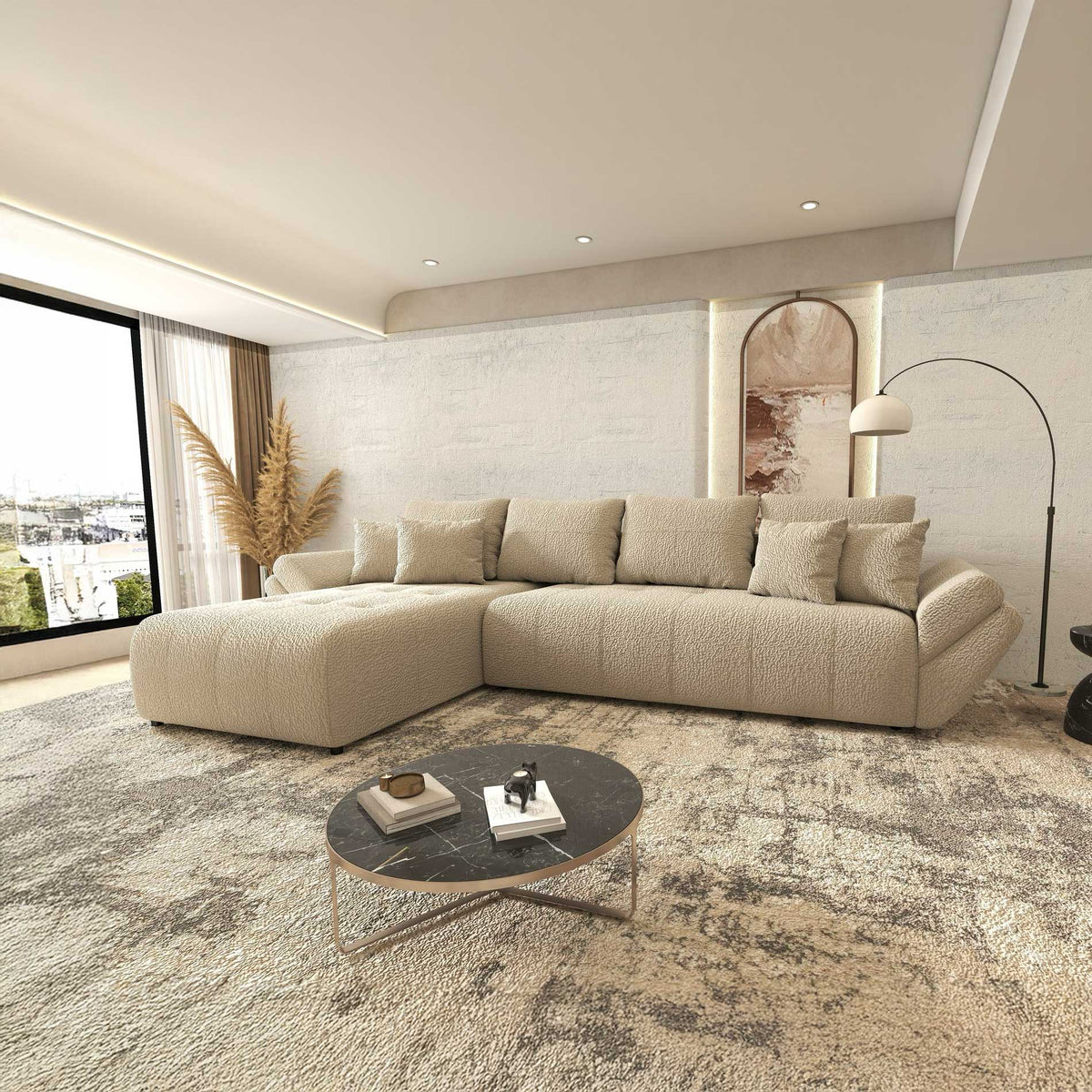 Colțar extensibil dumonde cu ladă de depozitare si sezut confortabil din spuma high-density, Berlin XL Jaguar Bej 4 350x185 cm