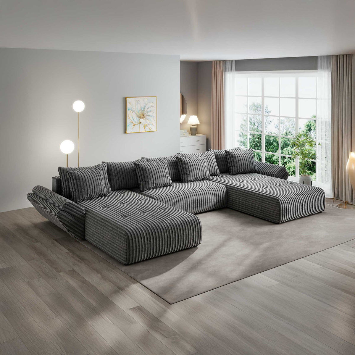 Colțar extensibil dumonde cu ladă de depozitare si sezut confortabil din spuma high-density, Berlin U Tilia Gri 90 380x180 cm