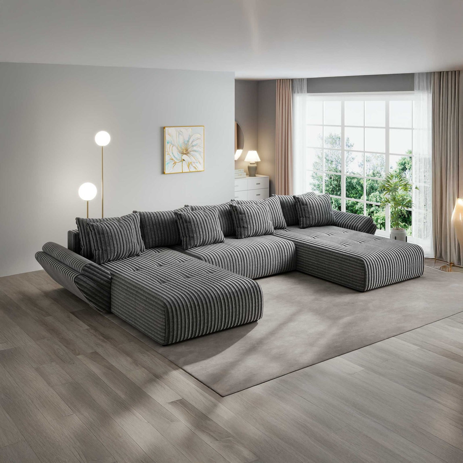 Colțar extensibil dumonde cu ladă de depozitare si sezut confortabil din spuma high-density, Berlin U Tilia Gri 90 380x180 cm
