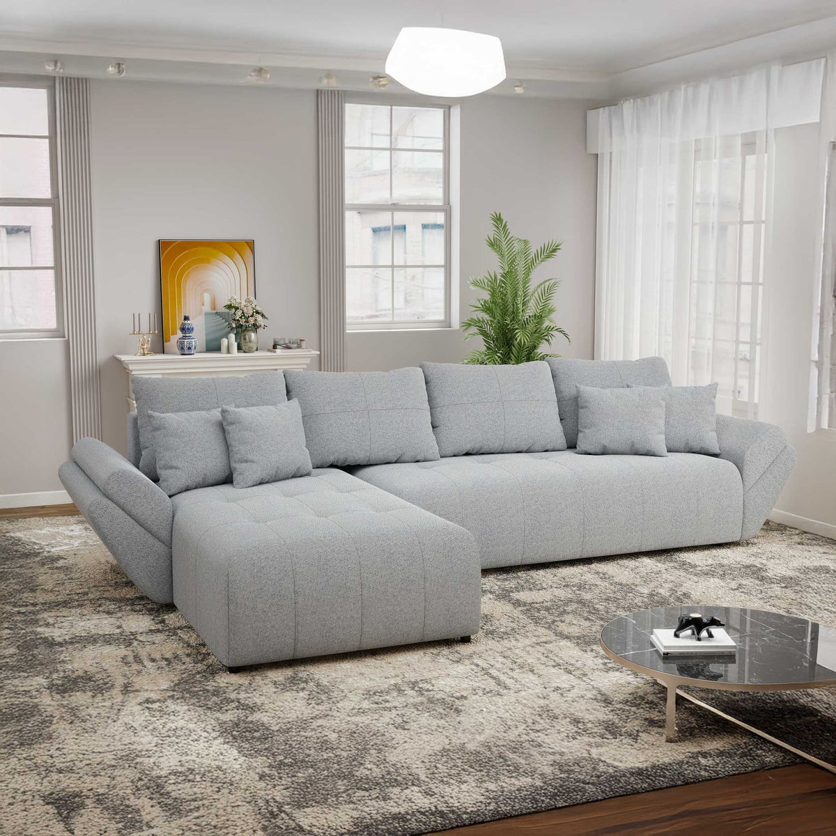 Colțar extensibil dumonde cu ladă de depozitare si sezut confortabil din spuma high-density, Berlin XL Monte Gri 84 350x185 cm