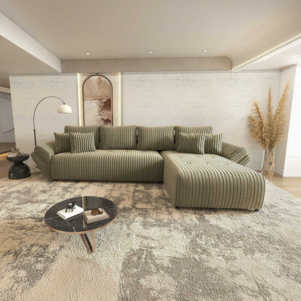 Colțar extensibil dumonde cu ladă de depozitare si sezut confortabil din spuma high-density, Berlin XL Tilia Verde Olive 37 II 350x185 cm