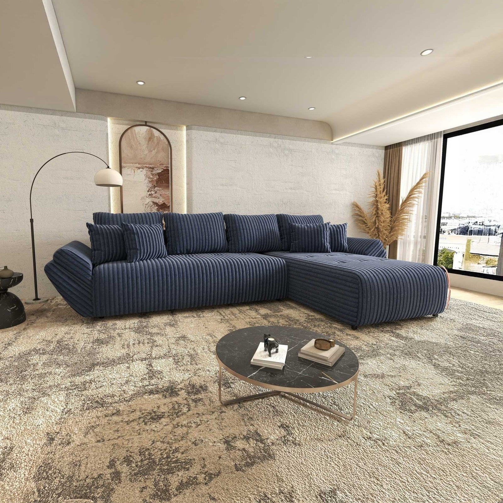 Colțar extensibil dumonde cu ladă de depozitare si sezut confortabil din spuma high-density, Berlin XL Tilia Albastru 77 II 350x185 cm