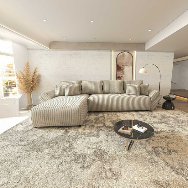 Colțar extensibil dumonde cu ladă de depozitare si sezut confortabil din spuma high-density, Berlin XL Tilia Gri- Bej 11 350x185 cm