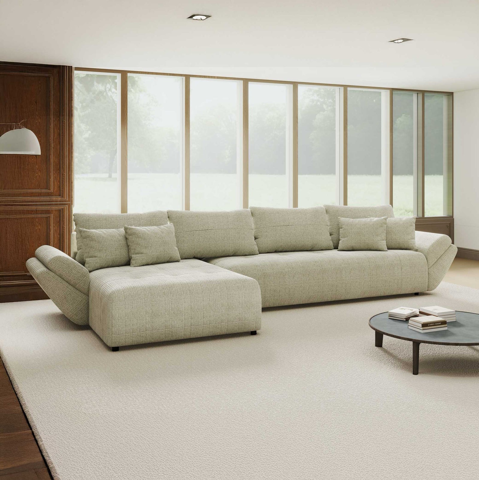 Colțar extensibil dumonde cu ladă de depozitare si sezut confortabil din spuma high-density, Berlin XL Cremona Bej 04 350x185 cm