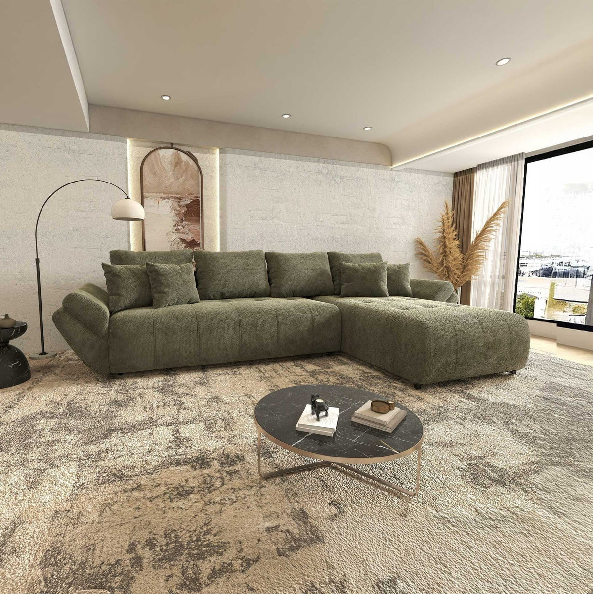 Colțar extensibil dumonde cu ladă de depozitare si sezut confortabil din spuma high-density, Berlin XL Vibe Olive 38 II 350x185 cm