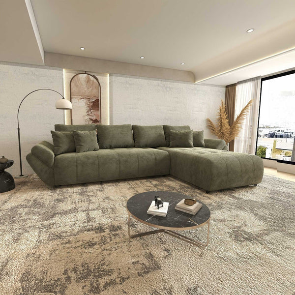 Colțar extensibil dumonde cu ladă de depozitare si sezut confortabil din spuma high-density, Berlin XL Vibe Olive 38 II 350x185 cm