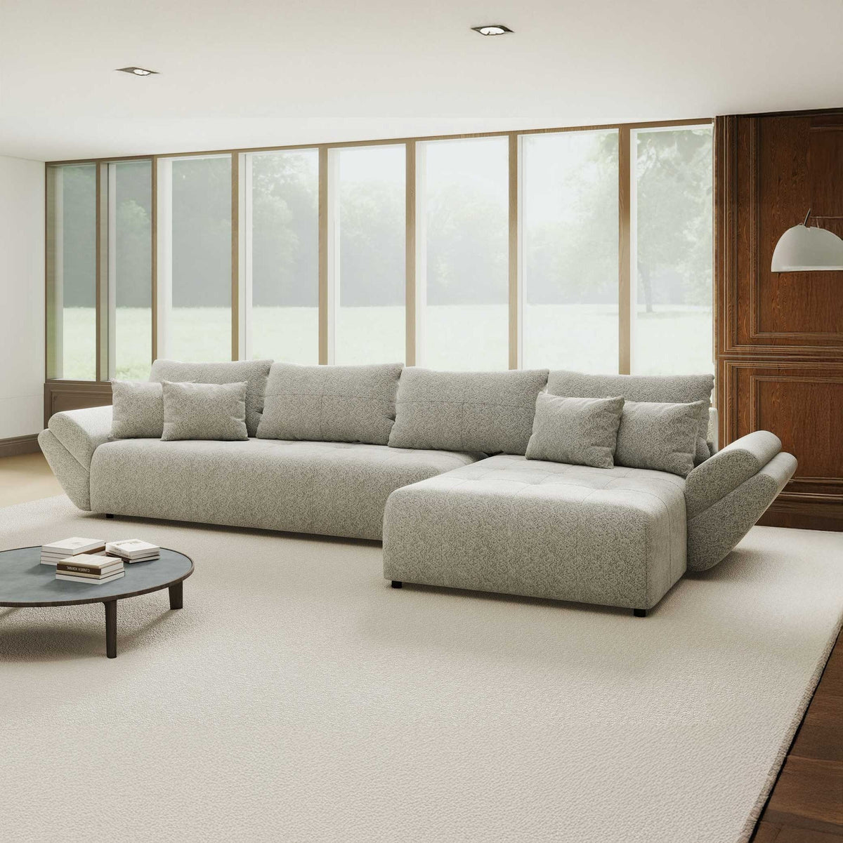 Colțar extensibil dumonde cu ladă de depozitare si sezut confortabil din spuma high-density, Berlin XL Arena Gri 15 II 350x185 cm