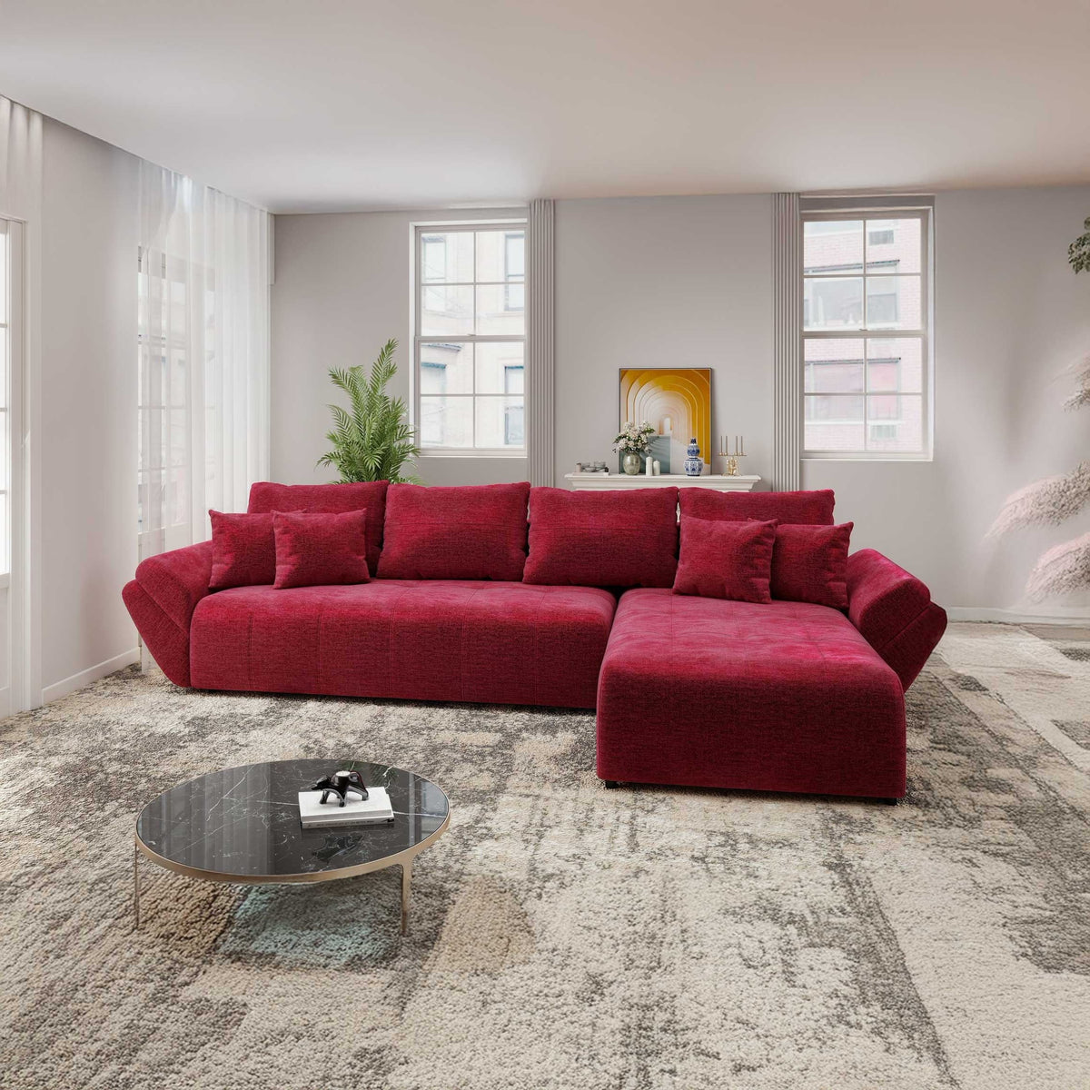 Colțar extensibil dumonde cu ladă de depozitare si sezut confortabil din spuma high-density, Berlin XL Monolith Rosu 59 II 350x185 cm