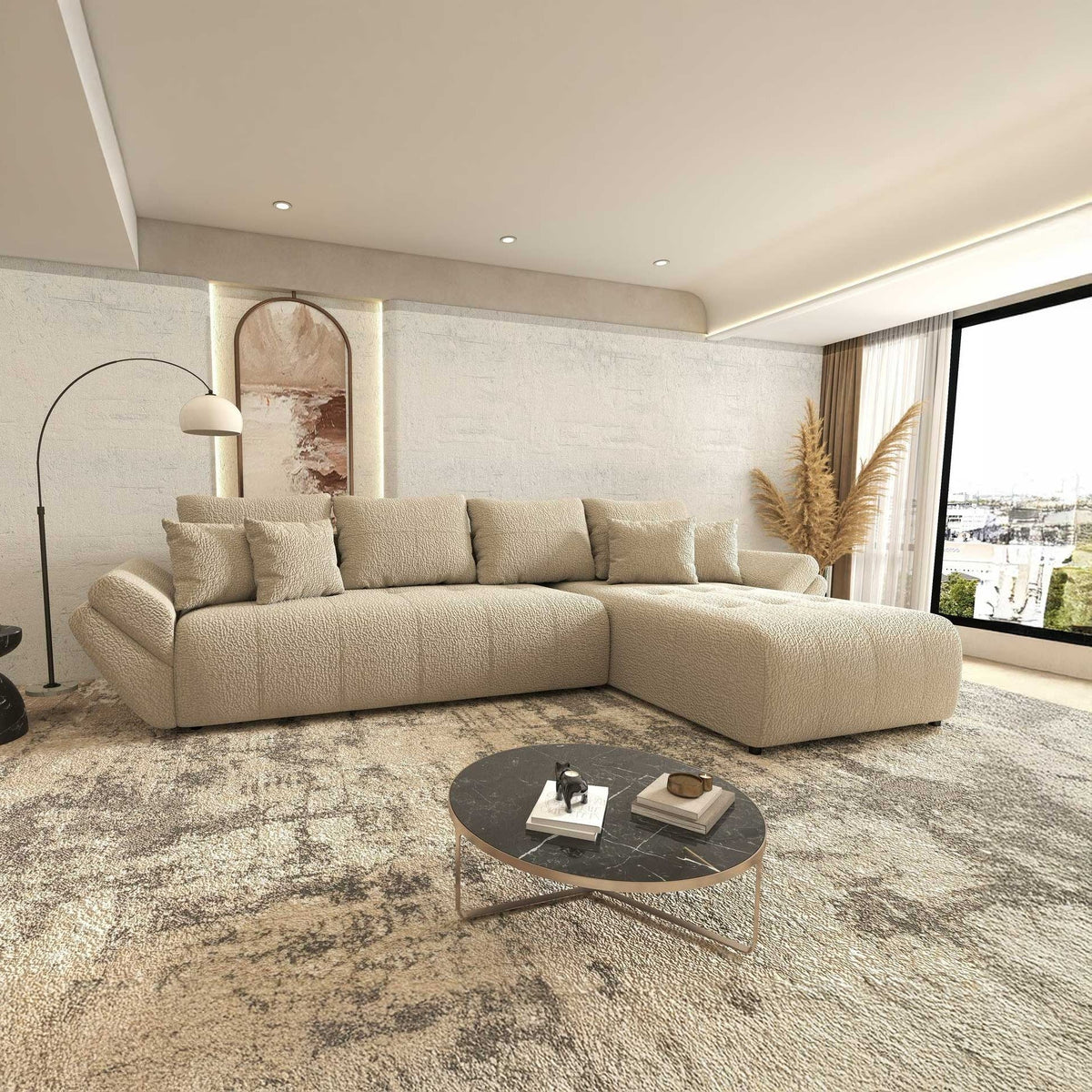 Colțar extensibil dumonde cu ladă de depozitare si sezut confortabil din spuma high-density, Berlin XL Jaguar Bej 4 II 350x185 cm