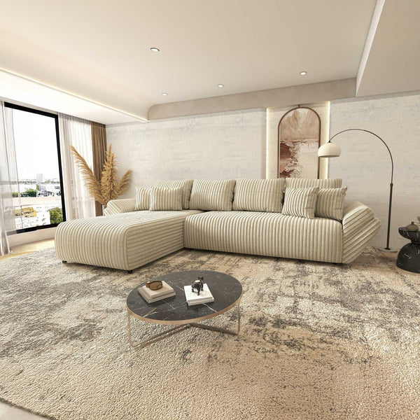 Colțar extensibil dumonde cu ladă de depozitare si sezut confortabil din spuma high-density, Berlin XL Tilia Bej 08 350x185 cm