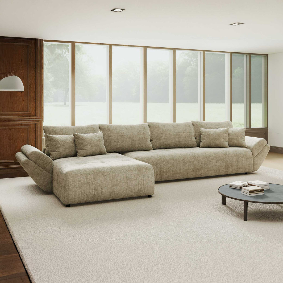 Colțar extensibil dumonde cu ladă de depozitare si sezut confortabil din spuma high-density, Berlin XL Cremona Bej 14 350x185 cm