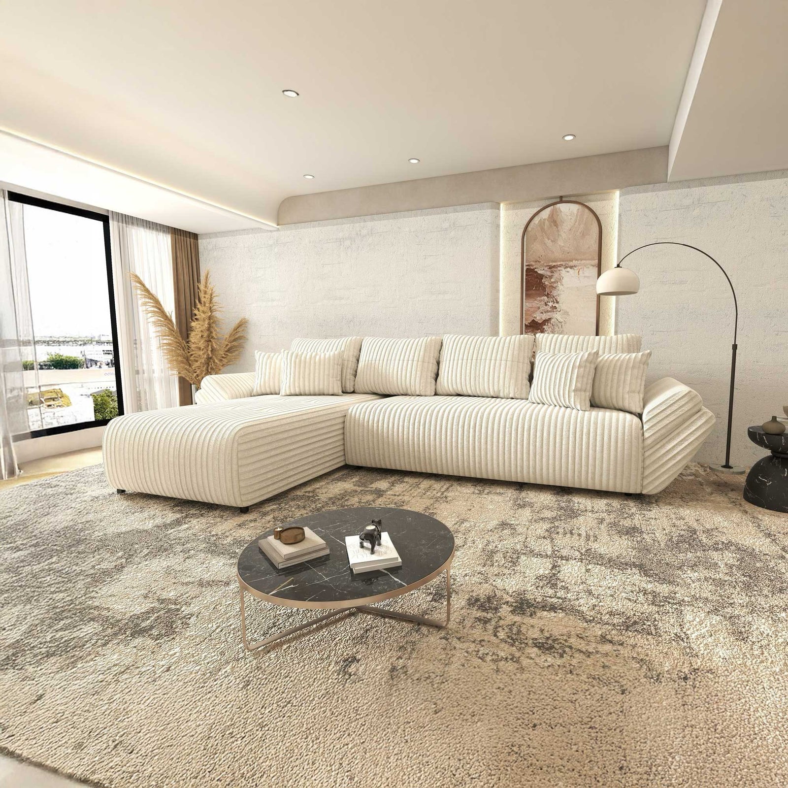 Colțar extensibil dumonde cu ladă de depozitare si sezut confortabil din spuma high-density, Berlin XL Tilia Bej 01 350x185 cm