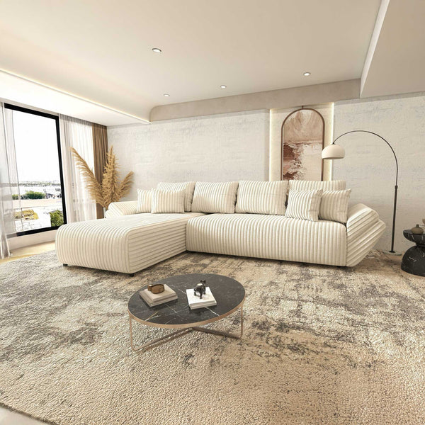 Colțar extensibil dumonde cu ladă de depozitare si sezut confortabil din spuma high-density, Berlin XL Tilia Bej 01 350x185 cm
