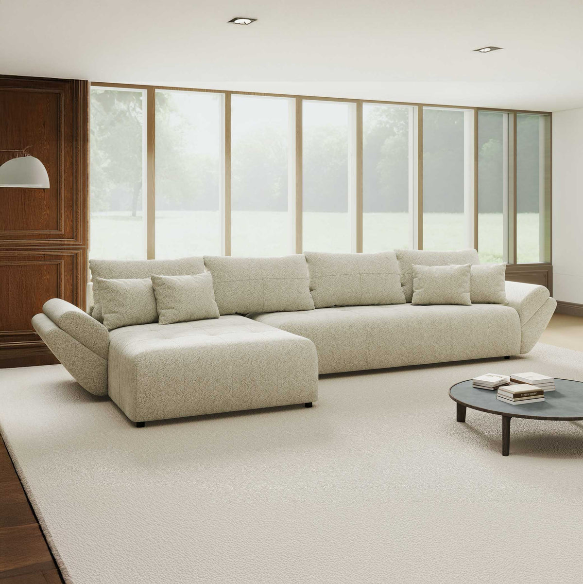 Colțar extensibil dumonde cu ladă de depozitare si sezut confortabil din spuma high-density, Berlin XL Arena Bej 20 350x185 cm