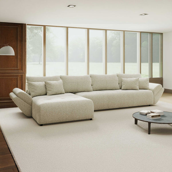 Colțar extensibil dumonde cu ladă de depozitare si sezut confortabil din spuma high-density, Berlin XL Arena Bej 20 350x185 cm