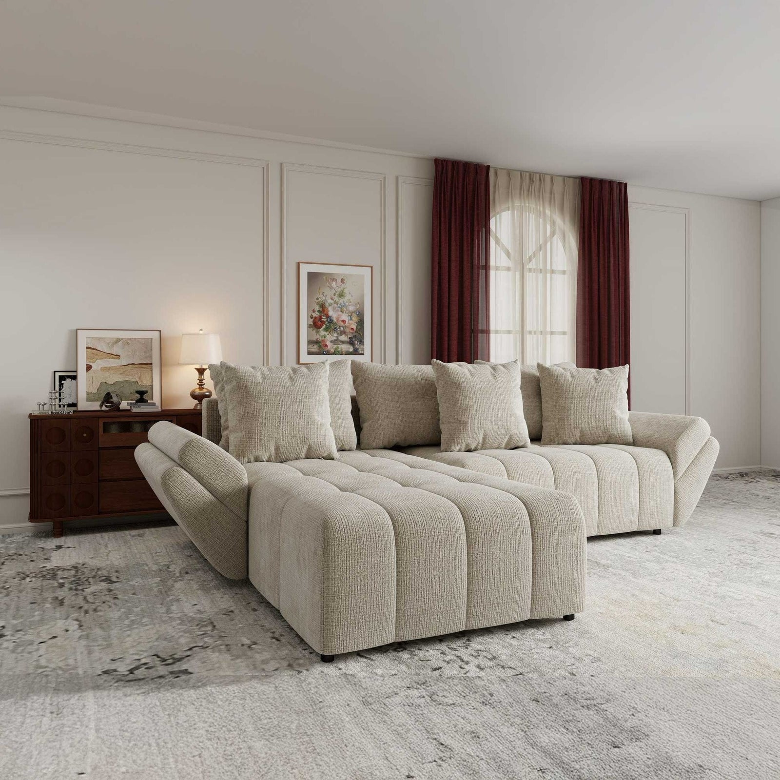 Colțar extensibil dumonde cu ladă de depozitare si sezut confortabil din spuma high-density, Berlin Cremona Gri Deschis 02 280x185 cm