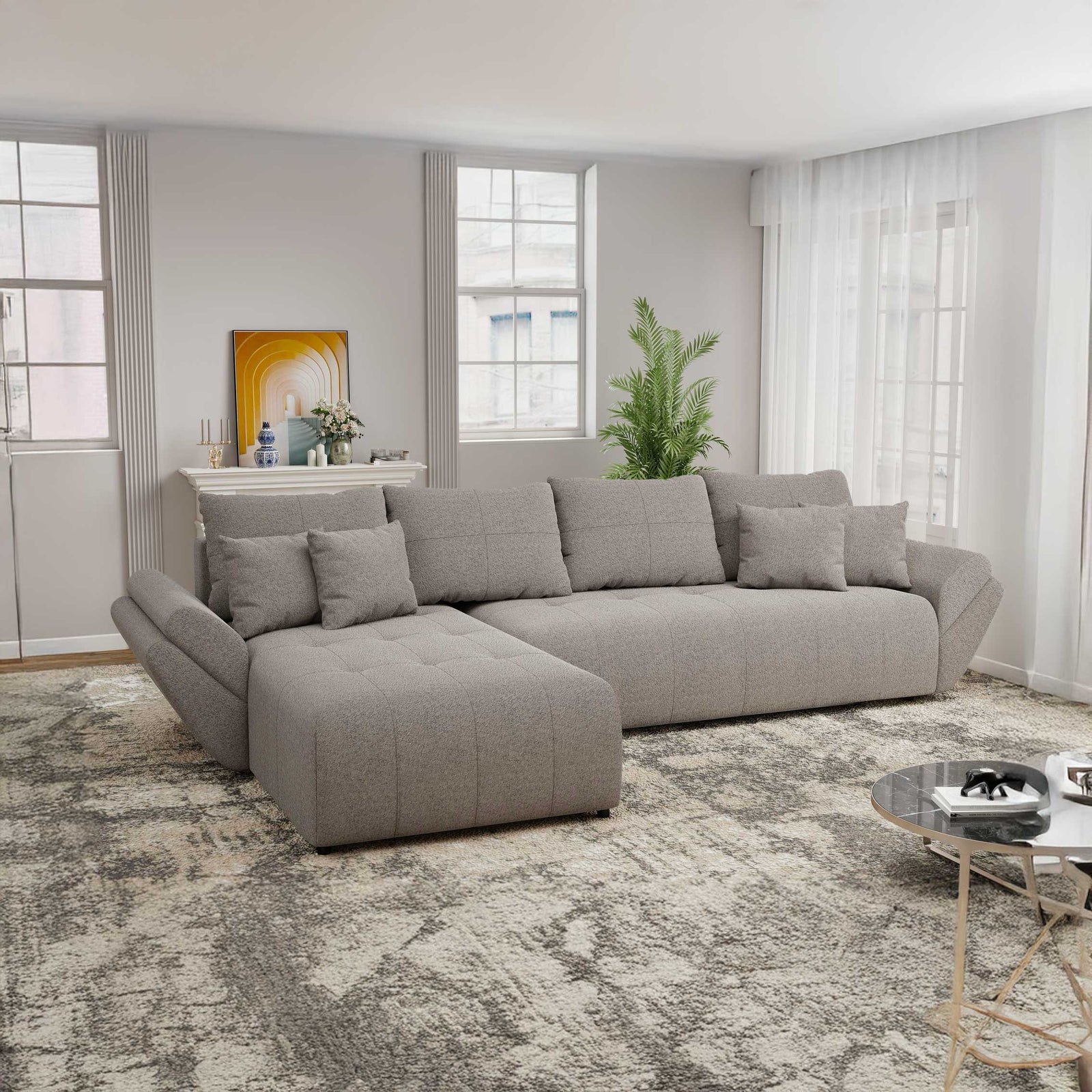 Colțar extensibil dumonde cu ladă de depozitare si sezut confortabil din spuma high-density, Berlin XL Monte Gri 16 350x185 cm