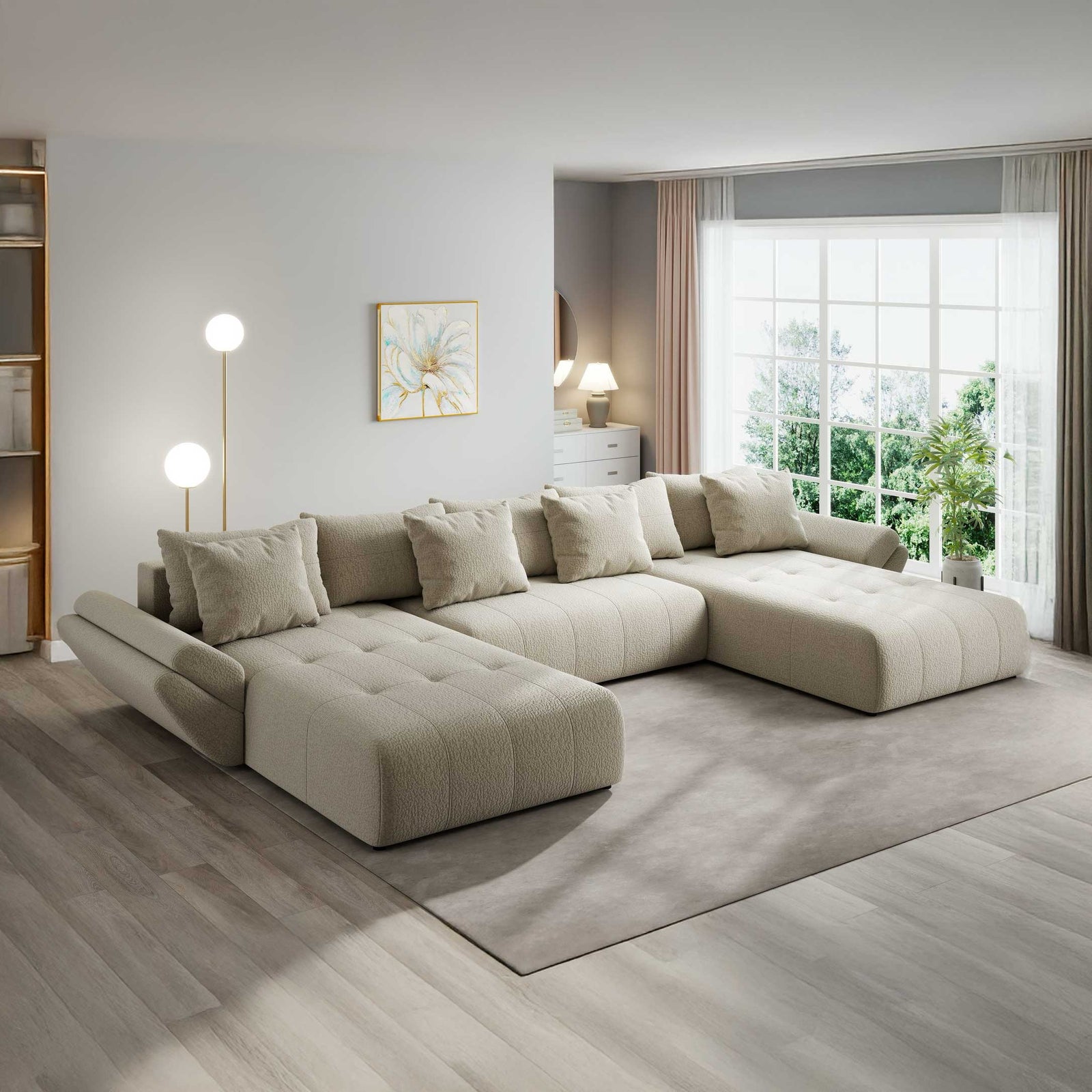 Colțar extensibil dumonde cu ladă de depozitare si sezut confortabil din spuma high-density, Berlin U Jaguar Bej 4 380x180 cm