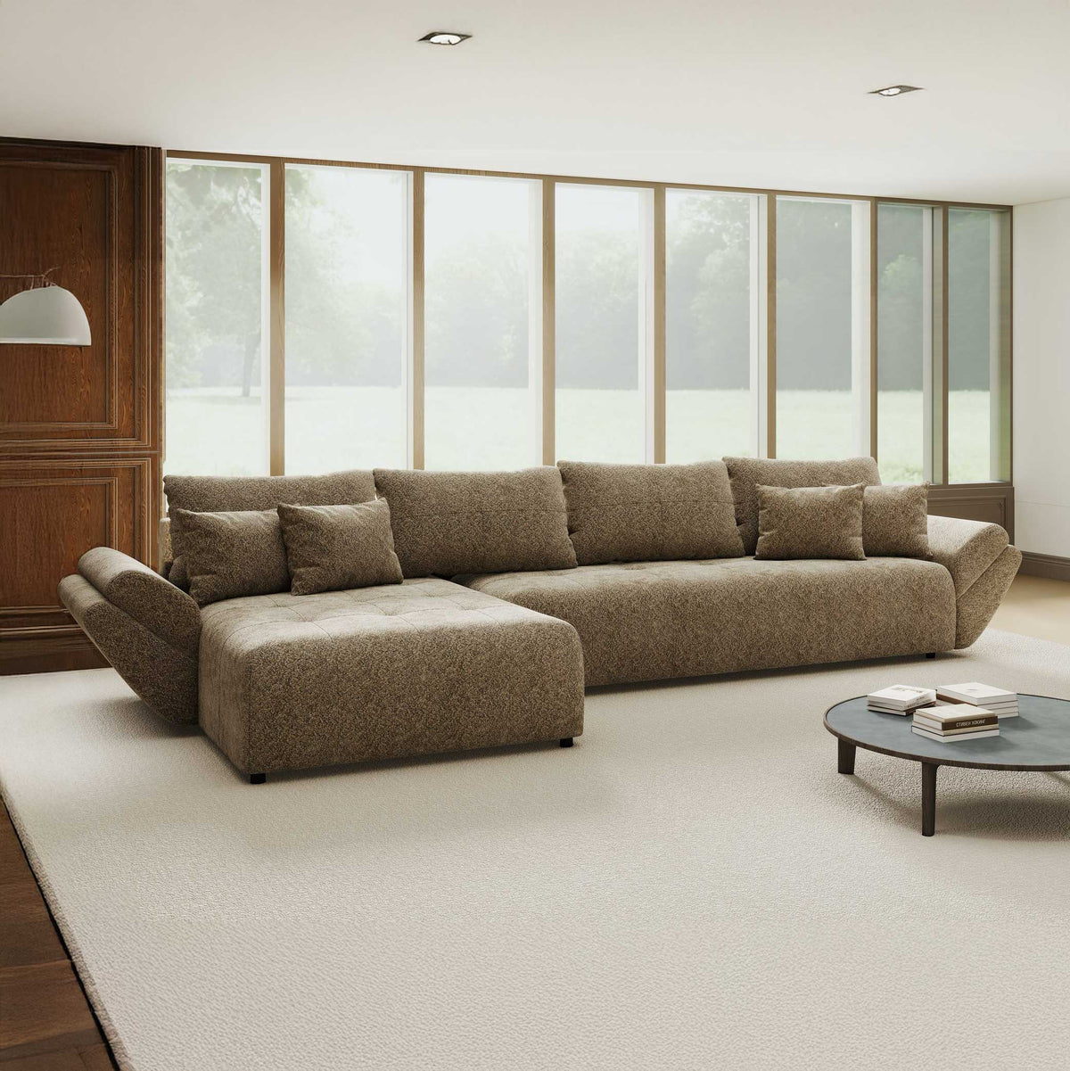 Colțar extensibil dumonde cu ladă de depozitare si sezut confortabil din spuma high-density, Berlin XL Arena Bej 4 350x185 cm