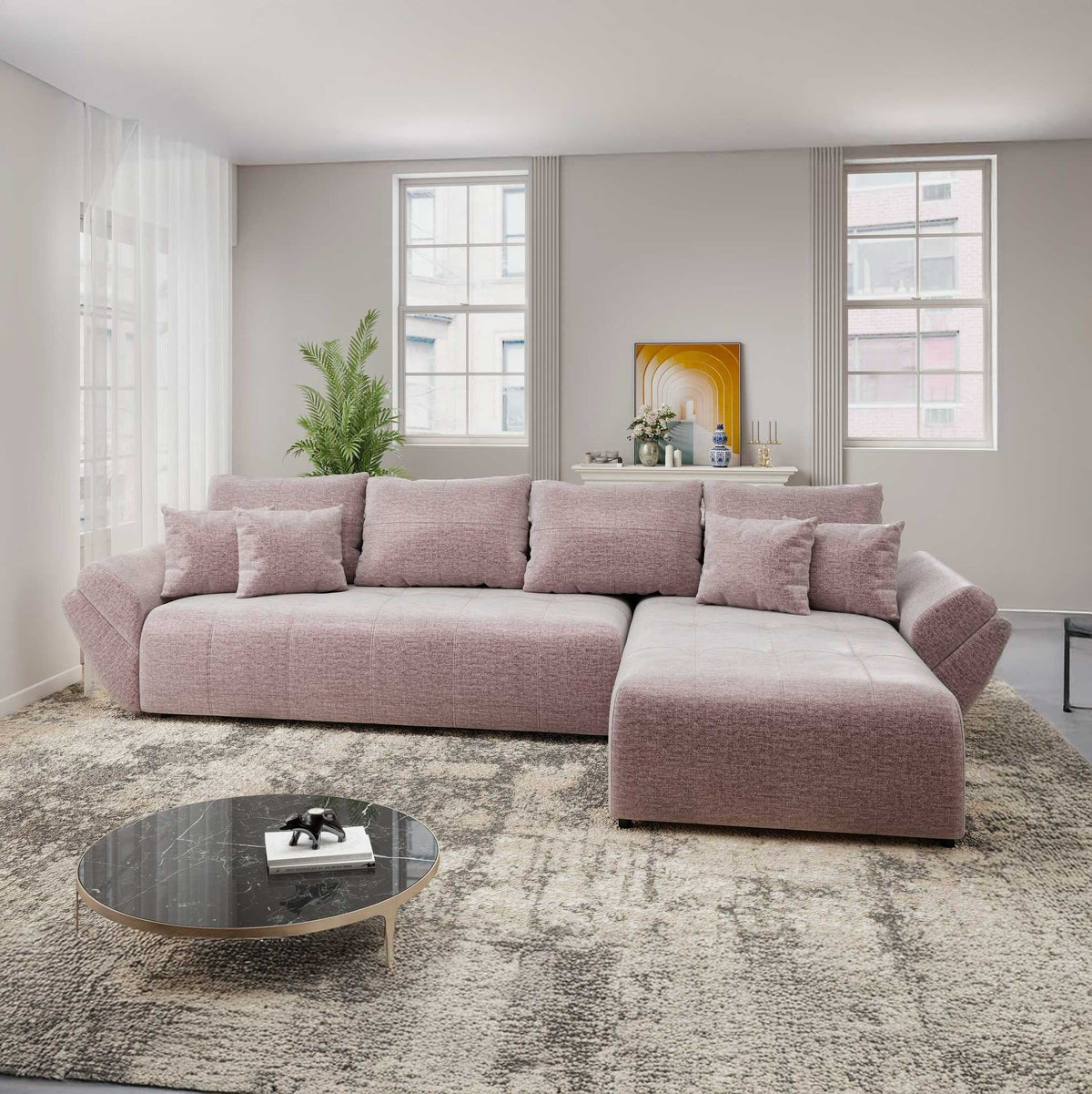 Colțar extensibil dumonde cu ladă de depozitare si sezut confortabil din spuma high-density, Berlin XL Monolith Roz Pudrat 62 II 350x185 cm
