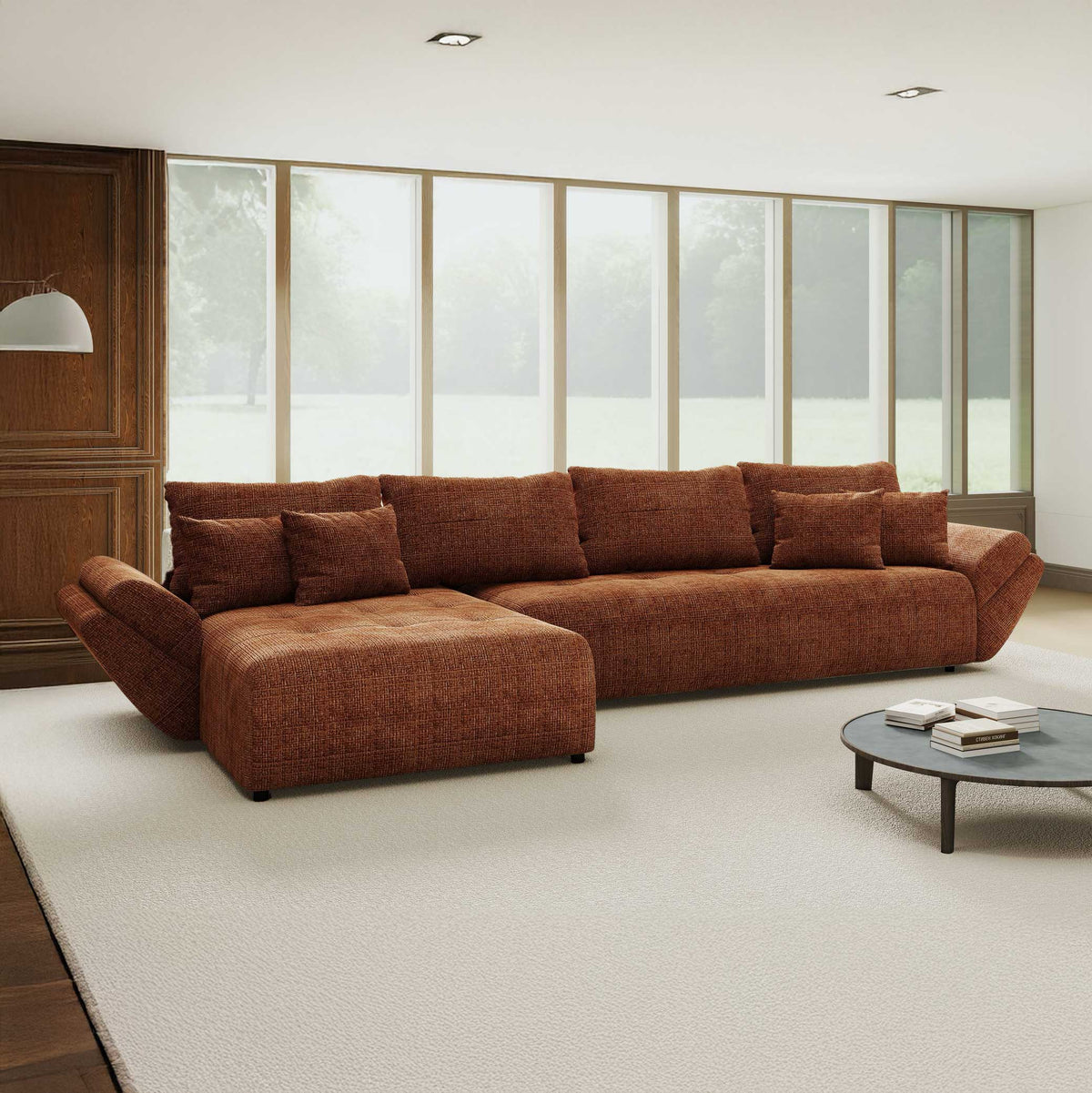 Colțar extensibil dumonde cu ladă de depozitare si sezut confortabil din spuma high-density, Berlin XL Cremona Teracota 52 350x185 cm