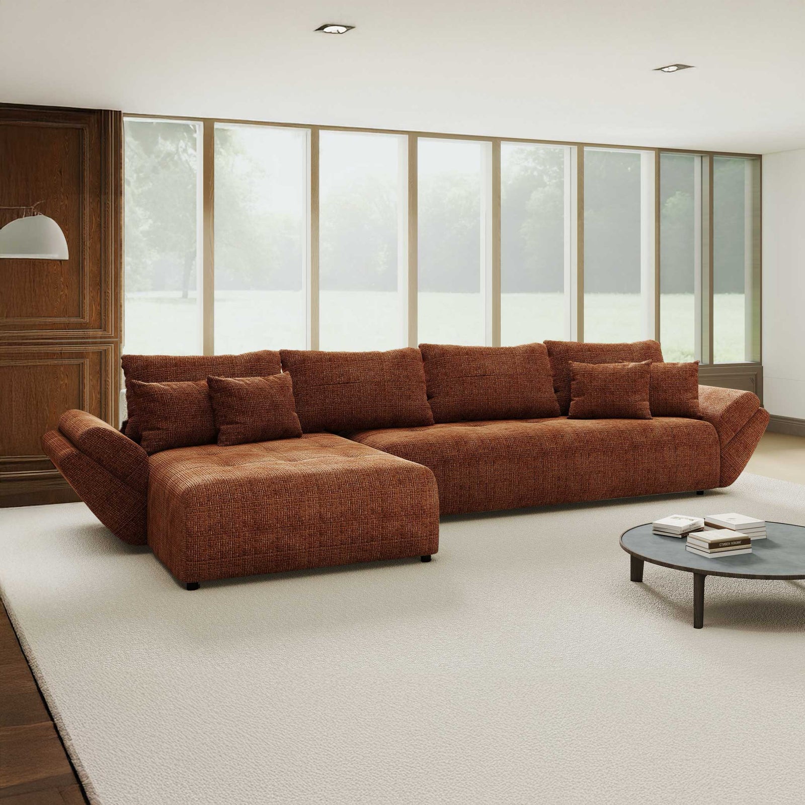 Colțar extensibil dumonde cu ladă de depozitare si sezut confortabil din spuma high-density, Berlin XL Cremona Teracota 52 350x185 cm