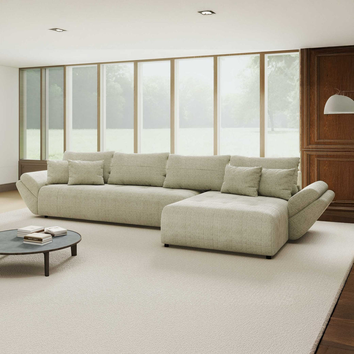 Colțar extensibil dumonde cu ladă de depozitare si sezut confortabil din spuma high-density, Berlin XL Cremona Bej 04 II 350x185 cm