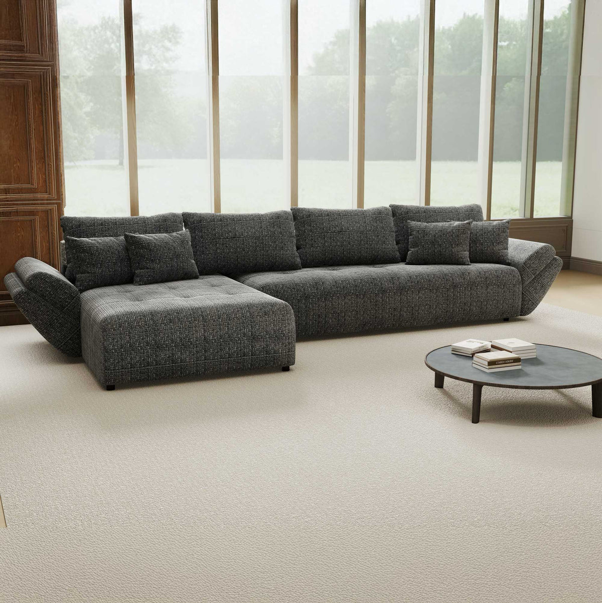 Colțar extensibil dumonde cu ladă de depozitare si sezut confortabil din spuma high-density, Berlin XL Cremona Gri 95 350x185 cm