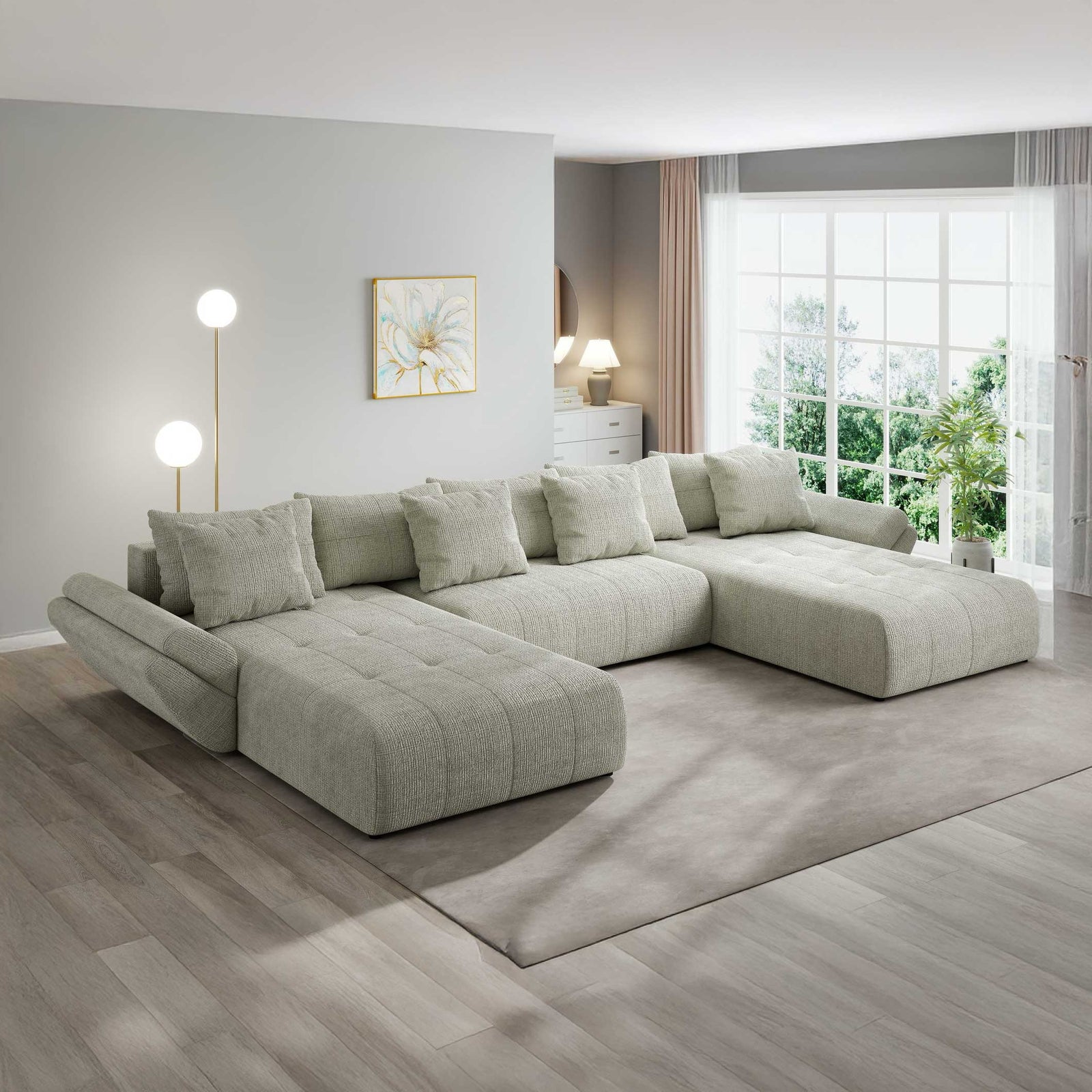 Colțar extensibil dumonde cu ladă de depozitare si sezut confortabil din spuma high-density, Berlin U Cremona Bej 04 380x180 cm