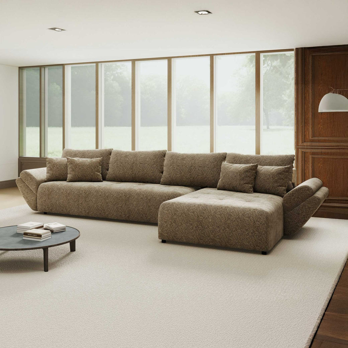 Colțar extensibil dumonde cu ladă de depozitare si sezut confortabil din spuma high-density, Berlin XL Arena Bej 4 II 350x185 cm