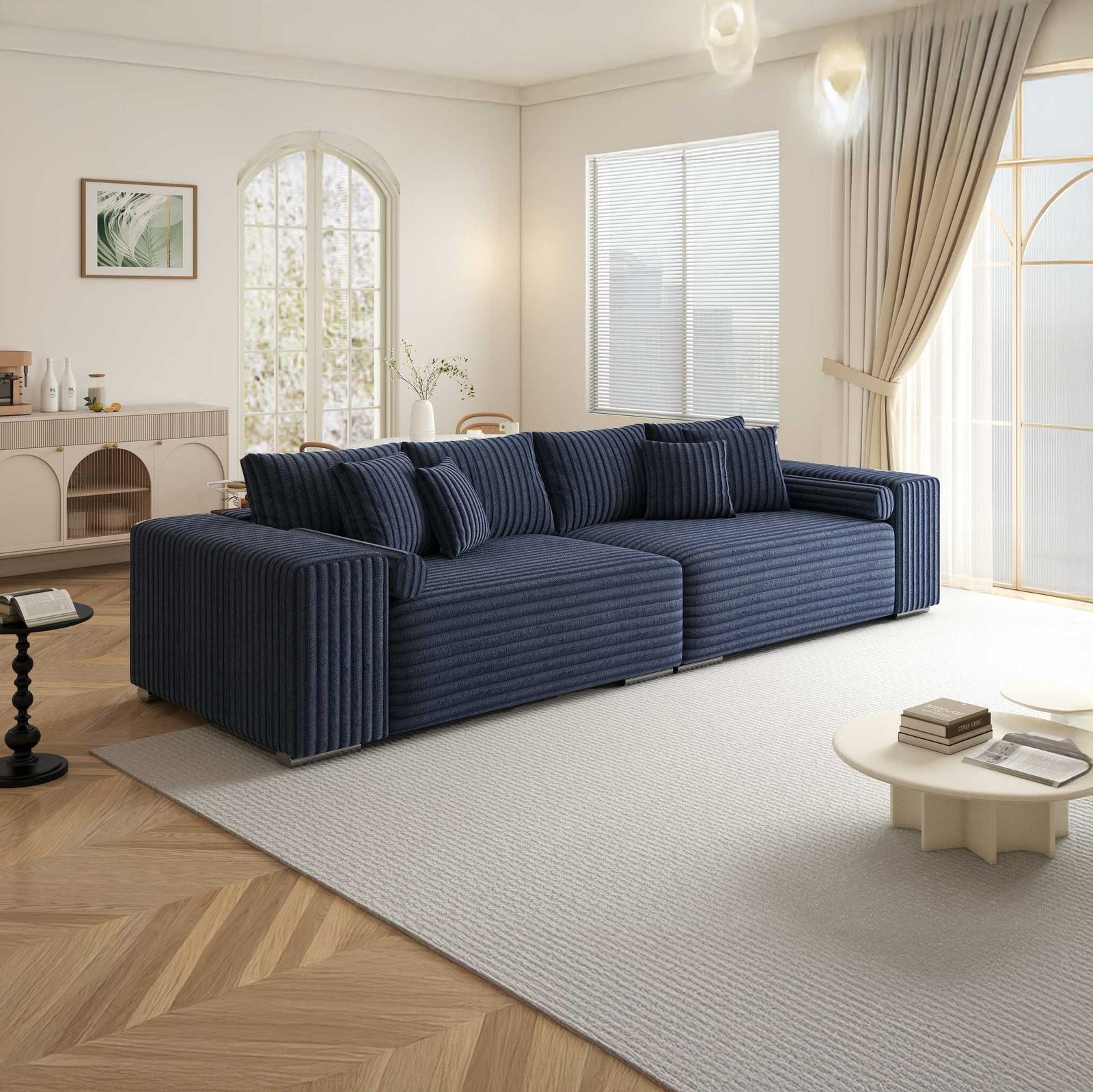 Canapea extensibilă dumonde cu ladă de depozitare si sezut confortabil din spuma high-density, Marbela XXL Tilia Albastru 77 290x100 cm