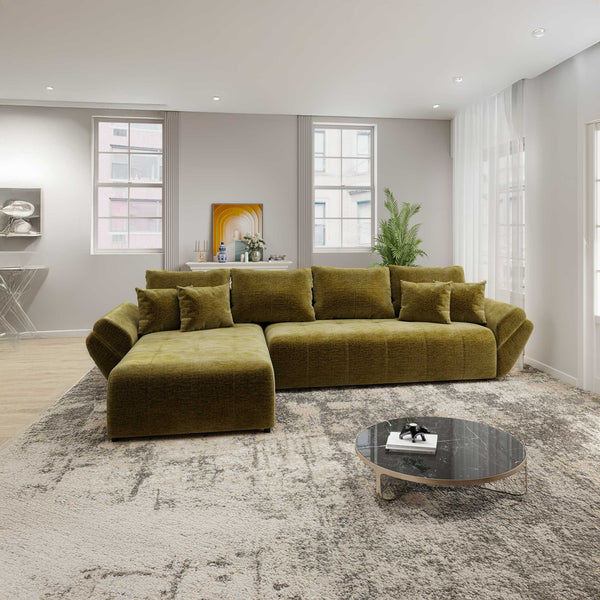 Colțar extensibil dumonde cu ladă de depozitare si sezut confortabil din spuma high-density, Berlin XL Monolith Verde Olive 38 350x185 cm
