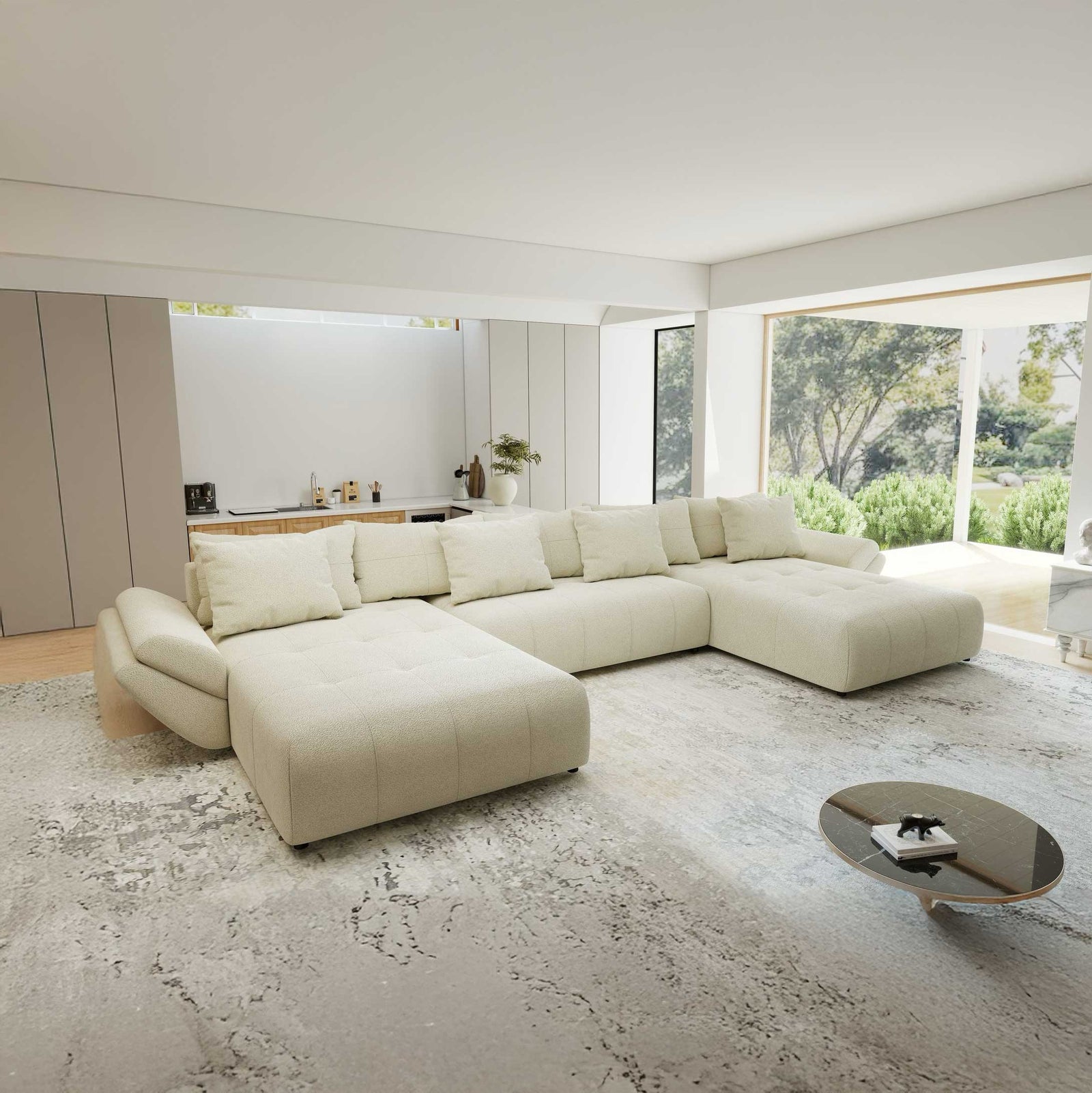 Colțar extensibil dumonde cu ladă de depozitare si sezut confortabil din spuma high-density, Berlin U Quelle Bej 02 380x180 cm