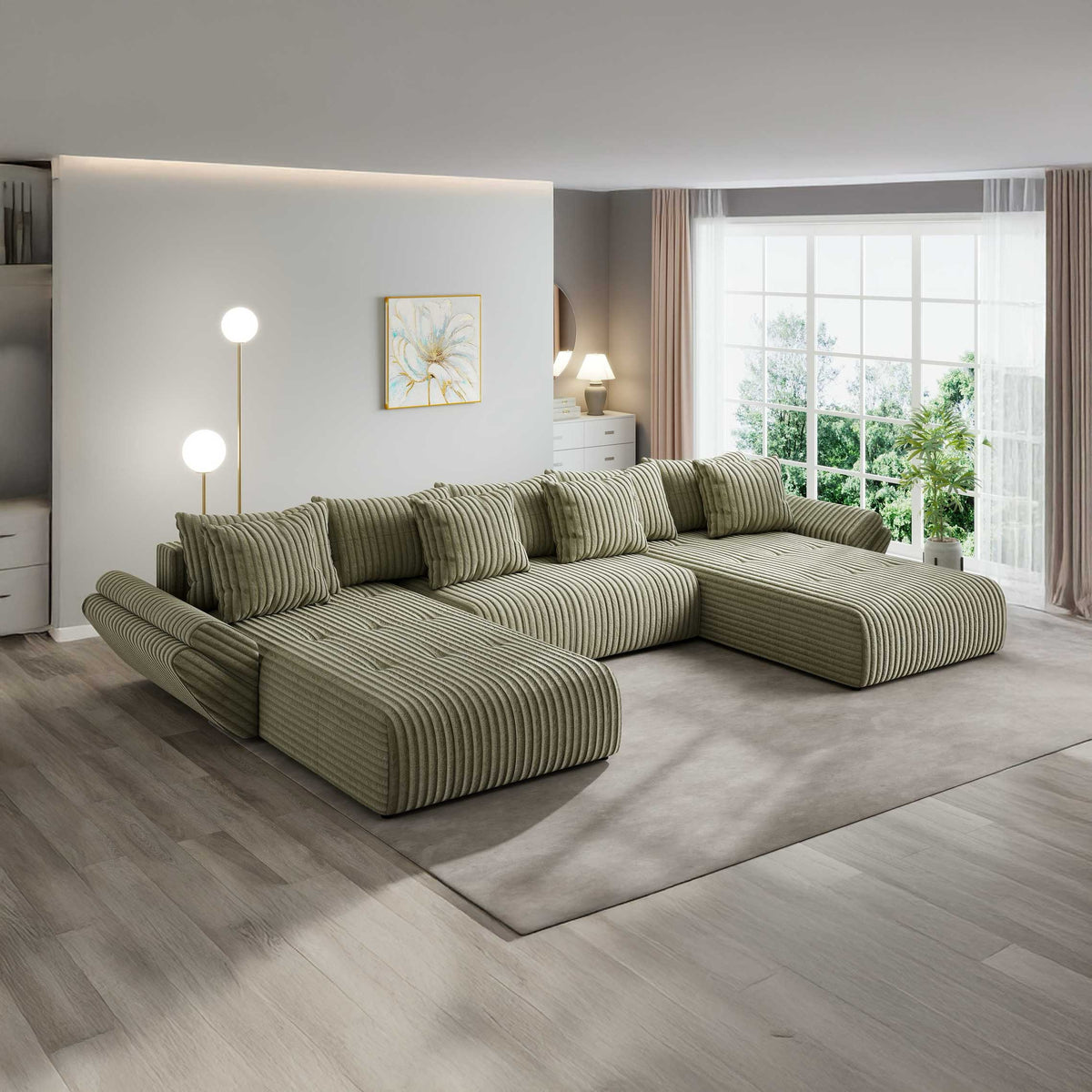 Colțar extensibil dumonde cu ladă de depozitare si sezut confortabil din spuma high-density, Berlin U Tilia Verde Olive 37 380x180 cm