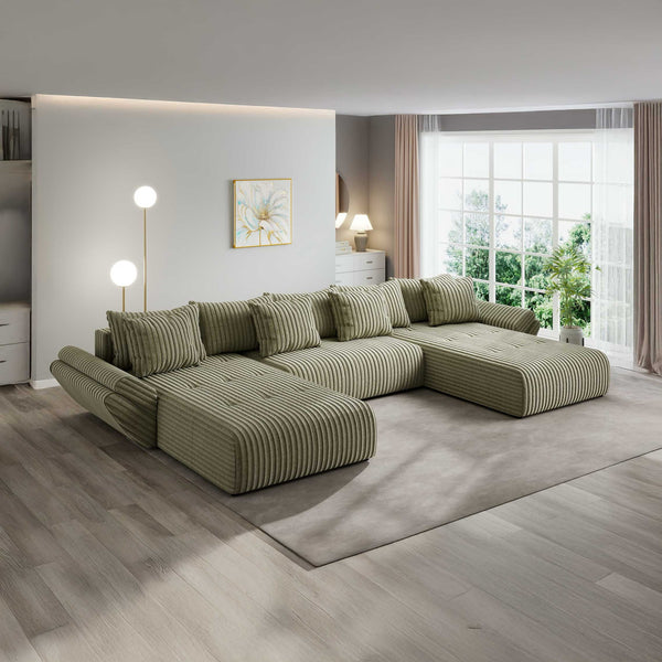 Colțar extensibil dumonde cu ladă de depozitare si sezut confortabil din spuma high-density, Berlin U Tilia Verde Olive 37 380x180 cm